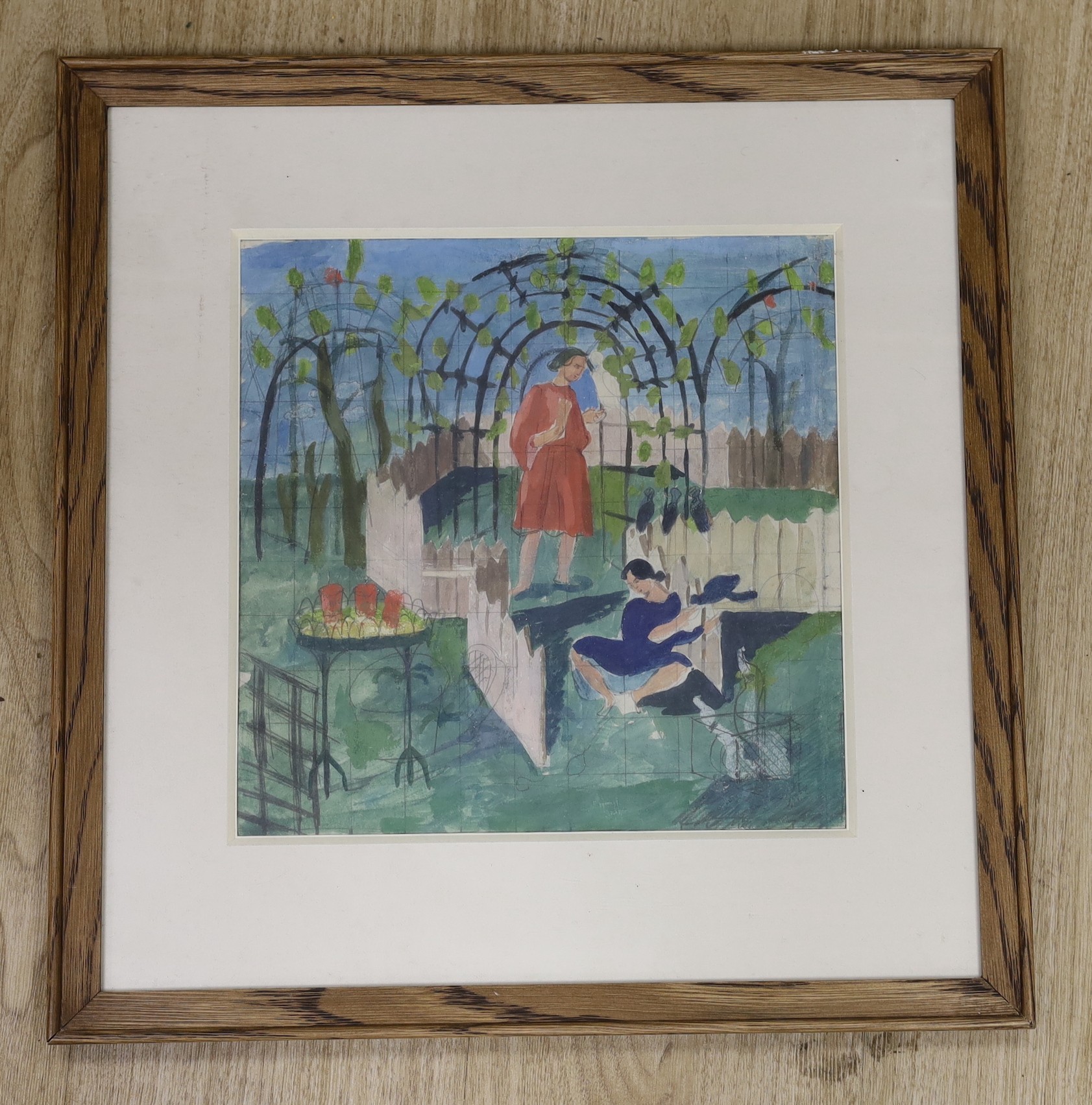 Barbara Jones (1912-1978), watercolour, Preparatory sketch of figures in a garden, 27 x 28cm